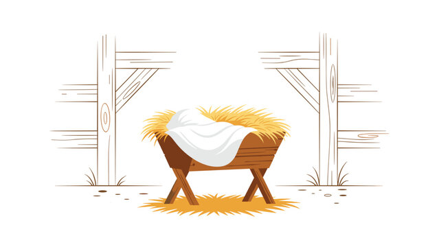 An empty wooden manger filled with straw and covered with a white cloth, set within a rustic stable structure, evoking the nativity scene.