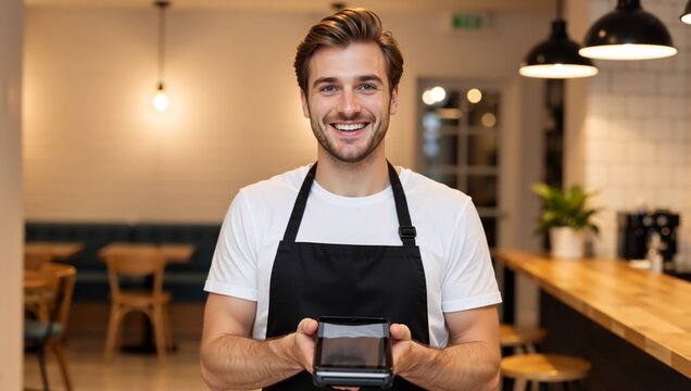 Smiling male barista holding a payment terminal in a coffee shop. Happy waiter in black apron showing card reader for cashless transaction. Service concept - Powered by Adobe