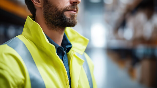 Faceless ecommerce warehouse worker in high vis jacket with warehouse in background, logistics centre employee, distribution facility staff, supply chain professional, defocused pe