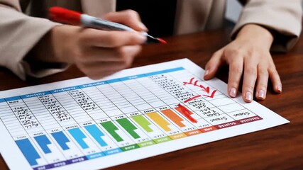 Hands updating weekly progress chart, Colorful weekly planner with tasks highlighted