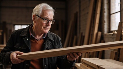 Senior carpenter inspecting a wooden plank in a workshop. Professional craftsman checking timber quality