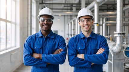 Two smiling industrial workers in blue jumpsuits and hard hats. Diverse team of engineers standing with arms crossed in a factory. Professional workplace safety and teamwork concept