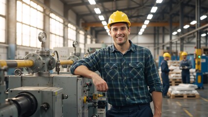 Smiling male factory worker in a yellow hard hat. Professional engineer leaning on machinery in an industrial plant. Manufacturing workforce and safety concept