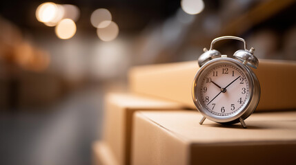 Silver alarm clock on cardboard package in warehouse, focusing on timely delivery and management of logistics in e-commerce sector, shipping deadline concept, with copy space