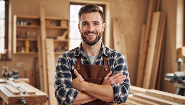 Portrait of a smiling carpenter standing with arms crossed in a workshop. Professional male woodworker in leather apron posing in a carpentry studio