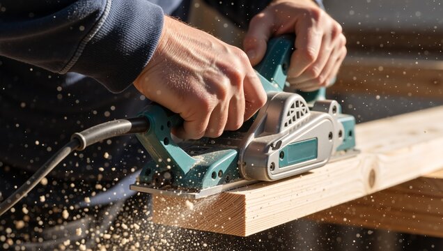 Carpenter using an electric planer on a wooden plank. Close-up of hands smoothing timber with flying sawdust. Woodworking and construction concept