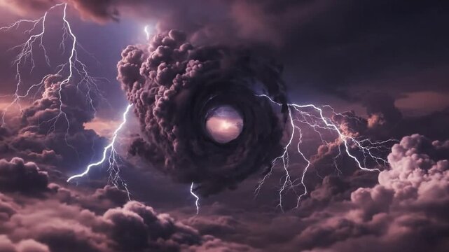 Dramatic stormy sky with swirling clouds and lightning strikes