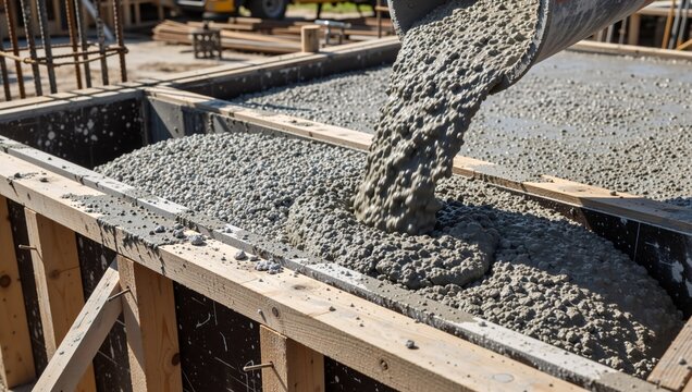 Pouring wet concrete into wooden formwork for a building foundation. Close-up of cement mixture with aggregate on a construction site. Industrial masonry and structural engineering work