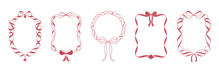 Set of hand drawn frames with ribbon and bow in romantic styles for greeting cards, wedding invitations, Valentines Day designs, packaging, scrapbooking, event printable stationery Vector illustration