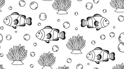 Hand drawn colorful clownfish swimming among coral reef plants