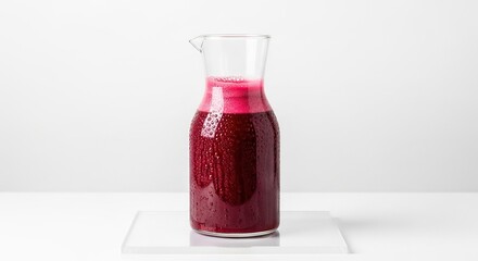Freshly made vibrant red beet juice in a glass carafe on a clean white background.