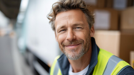 Faceless delivery container and happy truck driver moving industry cargo and freight at shipping supply chain or warehouse, smile industrial ready to transport ecommerce trade good