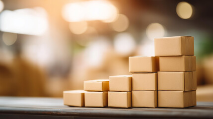 Cardboard boxes forming growth chart in warehouse, inventory increase visualization, supply chain expansion, distribution growth representation, logistics development concept, with