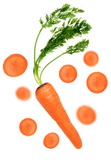 Floating Carrot with Leaves and Round Slices for Healthy Cooking and Nutrition Design on Transparent Background Png