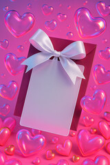 Colorful gift card with white bow surrounded by floating hearts and vibrant pink background