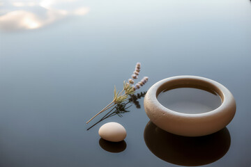Serene overhead composition featuring a smooth bowl, egg, and delicate lavender on tranquil water surface