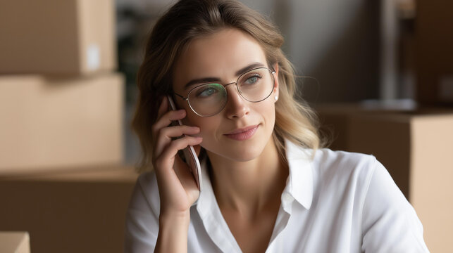 Faceless young woman ecommerce business worker talking on smartphone at office, female logistics communication, online retail phone conversation, distribution coordination, defocus - Powered by Adobe