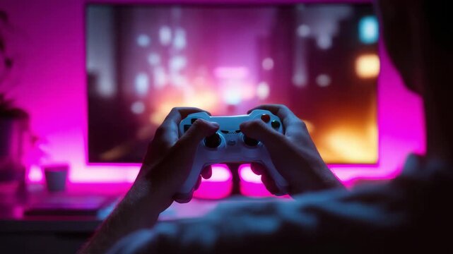 Hands Holding Game Controller Playing Video Game at Night with Neon Gaming Setup
