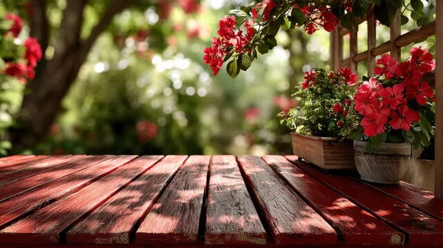 Beautiful garden with vibrant flowers and a rustic wooden table in sunlight showcasing nature's beauty and tranquility