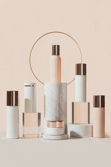 Collection of skincare bottles arranged on marble pedestal with circular frame and soft background