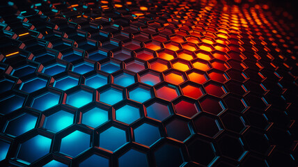 Abstract Hexagonal Pattern with Gradient Colors from Blue to Red 3D Rendering for Technology and Science Concepts