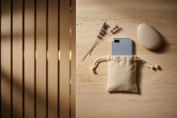 Smartphone on beige cloth pouch with lavender flowers and smooth stone on wooden surface