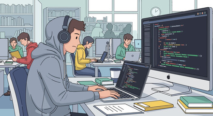 Focused Programmer Immersed in Code at a Collaborative Workspace.