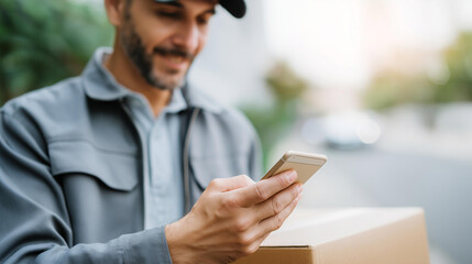 Faceless courier service delivery with smartphone shipping app with happy employee outdoor, eco friendly travel communication with ecommerce and bike retail and distribution, defoc