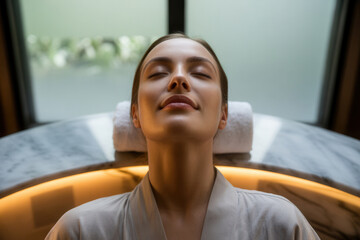 Woman in spa robe relaxes with towel on marble surface and soft lighting in background