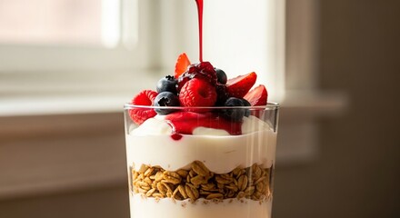 Pouring sweet red syrup over a fresh berry and granola yogurt parfait.