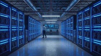 Man in a large data center with blue illuminated server racks
