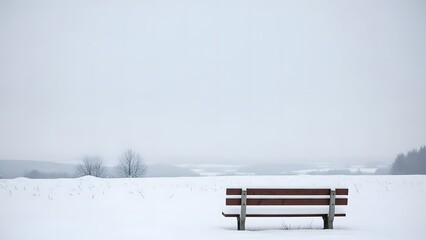 A solitary wooden bench sits in a vast, snow-covered winter landscape under an overcast sky, with distant trees and hills.