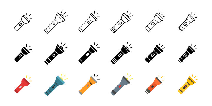 Flashlight icon set. Portable electric light device symbol. Handheld torch for illumination in dark and emergency situations. Simple vector illustration collection.