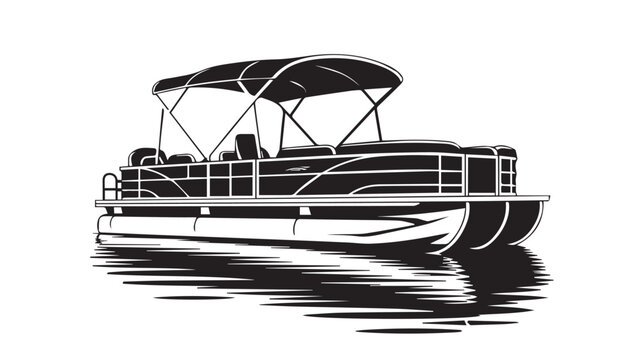 Black and white illustration of a pontoon boat with canopy on calm water