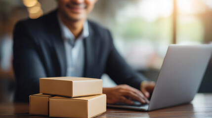 Faceless laptop box and business man for distribution startup for shipping delivery and logistics service, ecommerce supply chain planning schedule for package parcel and order, de