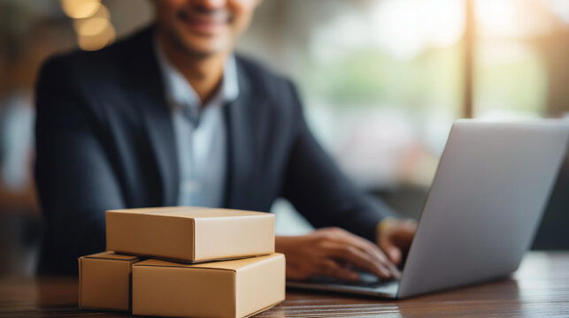 Faceless laptop box and business man for distribution startup for shipping delivery and logistics service, ecommerce supply chain planning schedule for package parcel and order, de - Powered by Adobe