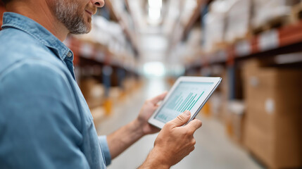Faceless worker in warehouse stands in aisle and looks at tablet that displays data chart, digital inventory monitoring, supply chain analytics, defocused person, with copy space