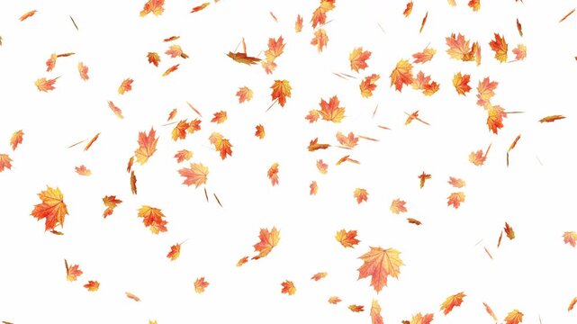 Autumnal maple leaves rotation on white background. Falling autumn leaves- Vibrant autumn leaves gently falling. Falling yellow leaves overlay- Orange autumn leaves flutter down fall season.