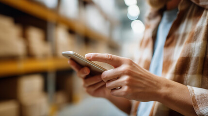 Faceless warehouse worker scanning packages closeup of hands with smartphone, image captures efficiency of distribution operations, inventory tracking work, defocused hands, with c