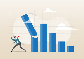 Conceptual Flat Vector Illustration of a Businessman Escaping a Collapsing Financial Bar Graph