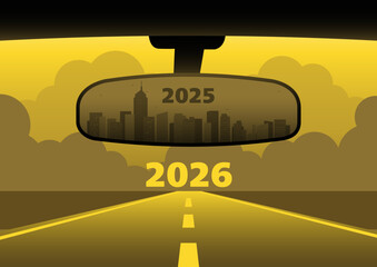 Looking Ahead to 2026 Concept with Rearview Mirror Reflection of 2025