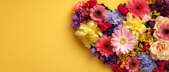Colorful heart shaped flowers on yellow background