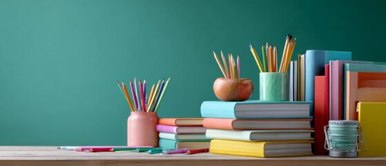 Colorful books and pencils on desk with green background