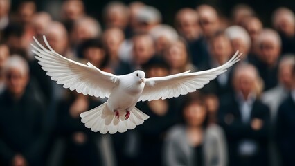 A white dove with outstretched wings flying in front of a blurred crowd of people gathered for a solemn event or ceremony.