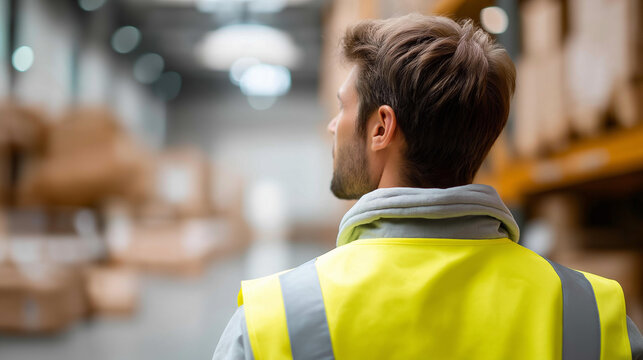Faceless ecommerce warehouse worker in high vis jacket with warehouse in background, logistics centre employee, distribution facility staff, supply chain professional, defocused pe