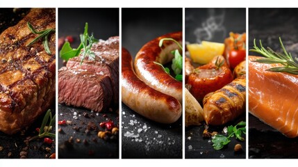 Collage of different types of meat and vegetables, including steak, sausage, and salmon. The collage is arranged in a way that showcases the variety of meats and vegetables