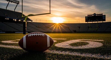 Football rests on a sunlit field near goalposts at dusk.