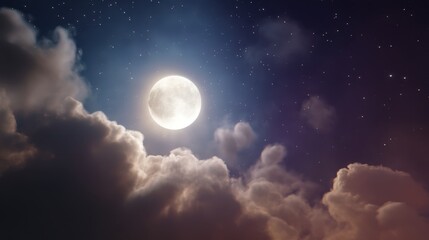 Obraz premium Full Moon Shining Through Clouds Against a Starry Night Sky with Soft Lighting and Atmospheric Effects