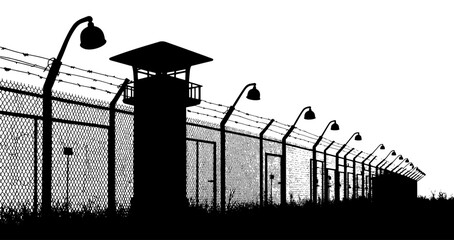 High security fence silhouette in black and white, jail exterior