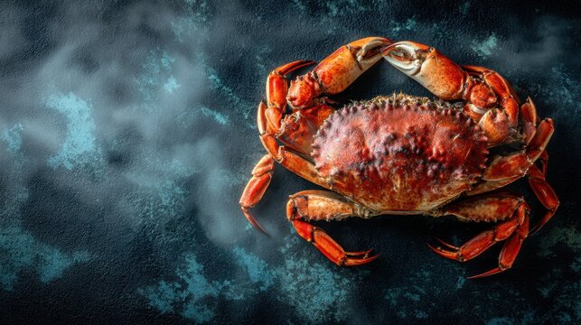 Crab is sitting on a dark blue surface. The crab is large and red